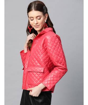 Red Flap Pockets Quilted Puffer Jacket 2