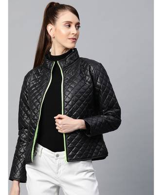 Black Contrast Zipper On Sleeves Quilted Jacket 1