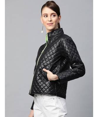 Black Contrast Zipper On Sleeves Quilted Jacket 2