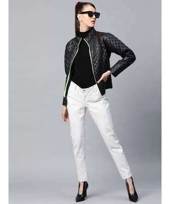 Black Contrast Zipper On Sleeves Quilted Jacket 4