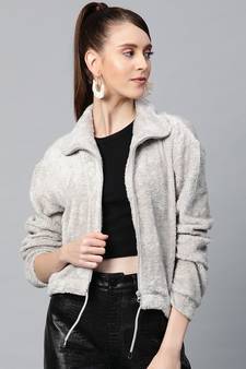Grey Drawstring Faux Fur Jacket