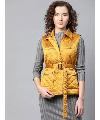 Mustard Sleeveless Belted Satin Quilted Jacket 1