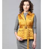 Mustard Sleeveless Belted Satin Quilted Jacket