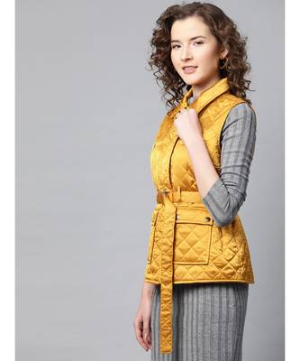 Mustard Sleeveless Belted Satin Quilted Jacket 2