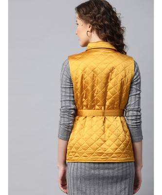 Mustard Sleeveless Belted Satin Quilted Jacket 3