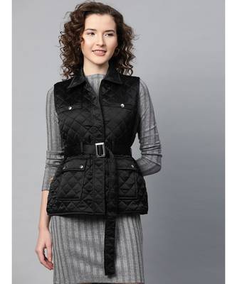 Black Sleeveless Belted Satin Quilted Jacket 1