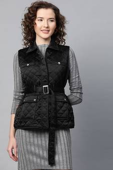 Black Sleeveless Belted Satin Quilted Jacket