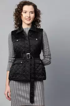 Black Sleeveless Belted Satin Quilted Jacket