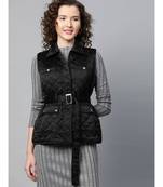 Black Sleeveless Belted Satin Quilted Jacket