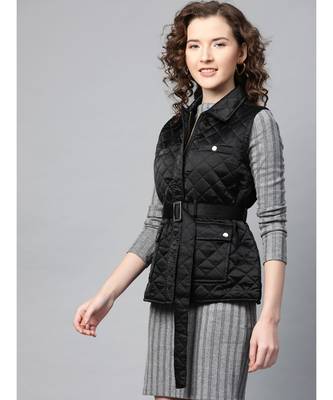 Black Sleeveless Belted Satin Quilted Jacket 2