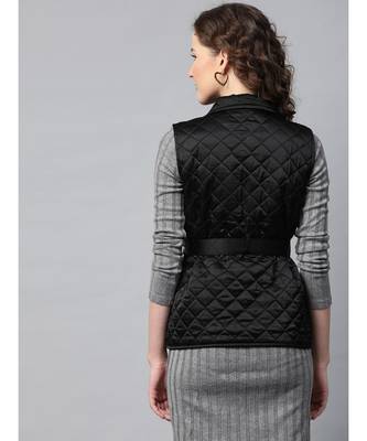 Black Sleeveless Belted Satin Quilted Jacket 3