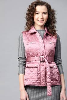 Lavender Sleeveless Belted Satin Quilted Jacket