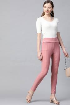 Pink Side Zipper Striped Jeggings