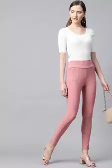 Pink Side Zipper Striped Jeggings