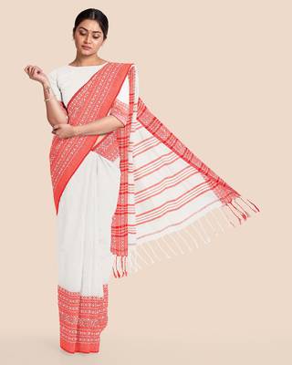 White Red Handwoven Pure Khadi Begumpuri Mahapar Saree With Blouse 1