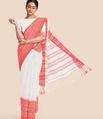 White Red Handwoven Pure Khadi Begumpuri Mahapar Saree With Blouse