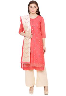 Salwar Studio Women's Coral Red & Beige Embroidered Unstitch Dress Material with Dupatta 1