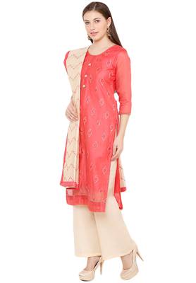 Salwar Studio Women's Coral Red & Beige Embroidered Unstitch Dress Material with Dupatta 3