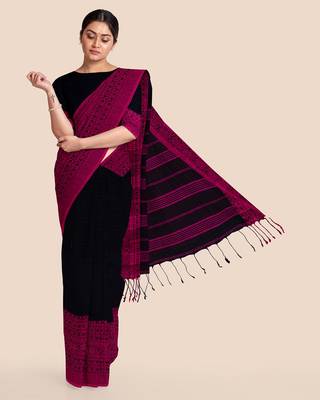Magenta Black Handwoven Pure Khadi Begumpuri Mahapar Saree With Blouse 1