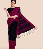 Magenta Black Handwoven Pure Khadi Begumpuri Mahapar Saree With Blouse