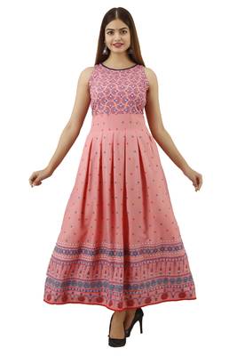 Pink printed viscose rayon long-dresses 1