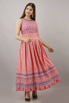 Pink printed viscose rayon long-dresses 3