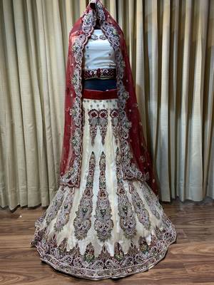 Soft Premium Net Wedding Lehenga In Off White with embroidery & Crystal Stone work , Handwork 1