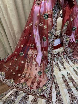 Soft Premium Net Wedding Lehenga In Off White with embroidery & Crystal Stone work , Handwork 4