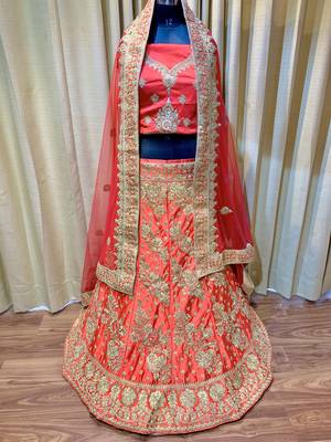 Pure Satin Silk Wedding wear Lehenga In Red with embroidery & Crystal Stone work 1