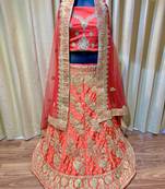 Pure Satin Silk Wedding wear Lehenga In Red with embroidery & Crystal Stone work