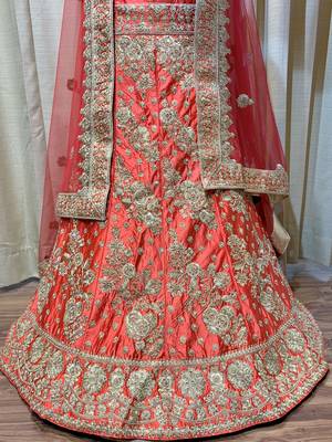 Pure Satin Silk Wedding wear Lehenga In Red with embroidery & Crystal Stone work 3