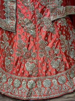 Pure Satin Silk Wedding wear Lehenga In Red with embroidery & Crystal Stone work 4