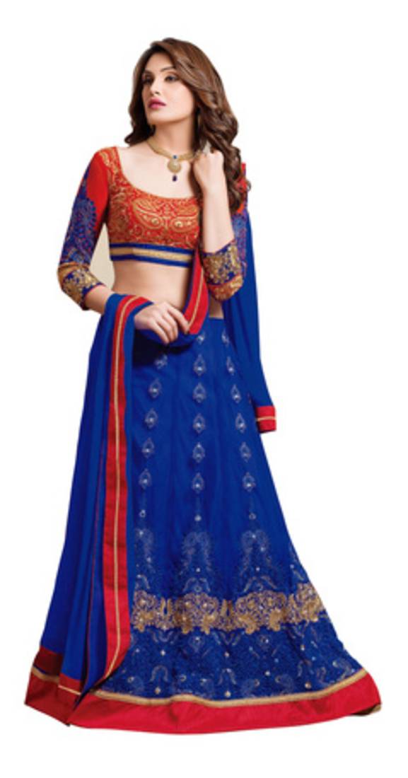 Blue Embroidered Net unstitched lehenga-choli