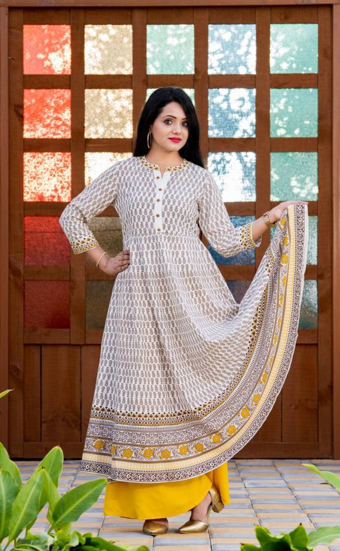 Addiction White Base Arztec Print Anarkali