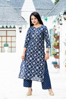 Addiction Navy Gold Printed Cotton Straight Kurta And Pant 1
