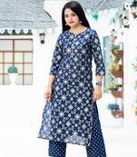 Addiction Navy Gold Printed Cotton Straight Kurta And Pant