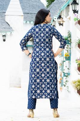 Addiction Navy Gold Printed Cotton Straight Kurta And Pant 2