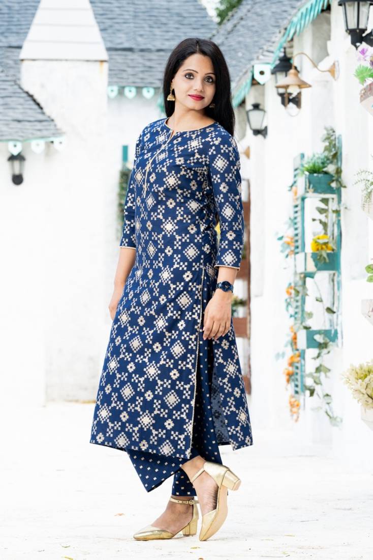 Addiction Navy Gold Printed Cotton Straight Kurta And Pant