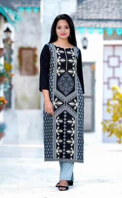 Addiction Black Rayon Printed Straight Kurta Paired With Grey Cotton Solid Pant 1