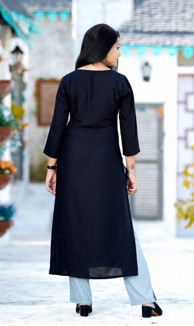Addiction Black Rayon Printed Straight Kurta Paired With Grey Cotton Solid Pant