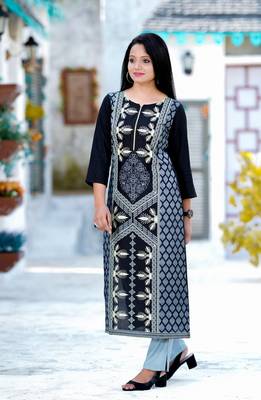 Addiction Black Rayon Printed Straight Kurta Paired With Grey Cotton Solid Pant 4