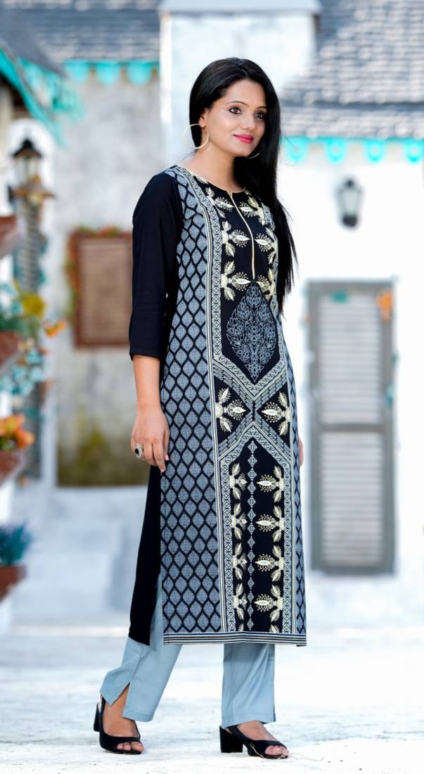 Addiction Black Rayon Printed Straight Kurta Paired With Grey Cotton Solid Pant