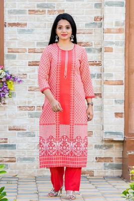 Addiction Dark Peach Cotton Flex Printed Kurta Paired With Solid Pant 1