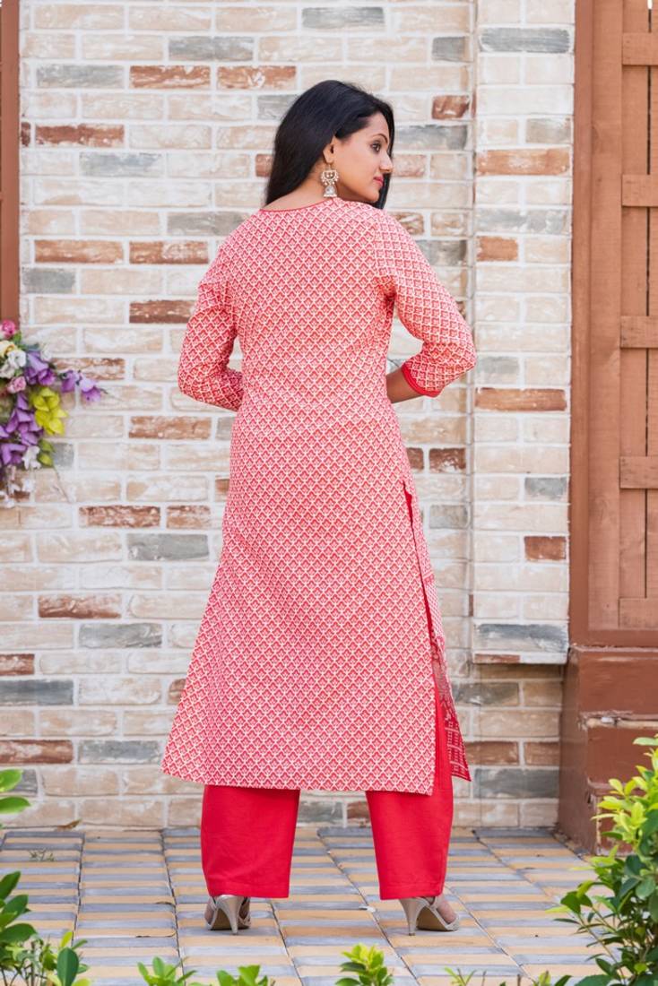 Addiction Dark Peach Cotton Flex Printed Kurta Paired With Solid Pant