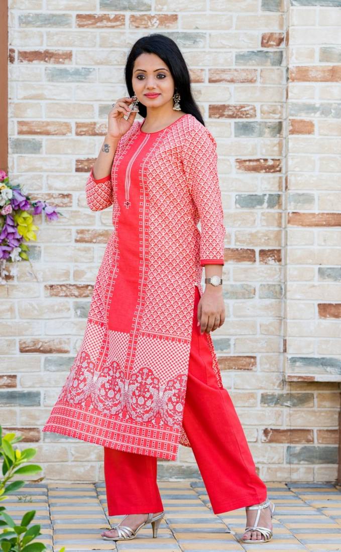 Addiction Dark Peach Cotton Flex Printed Kurta Paired With Solid Pant