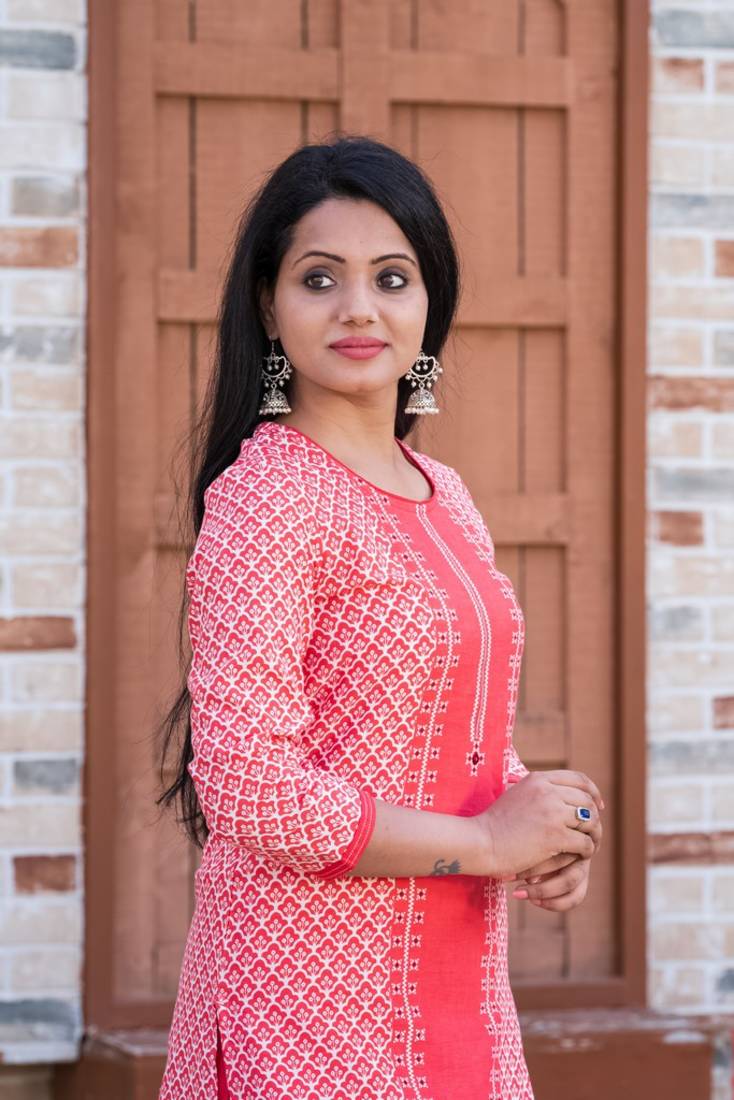 Addiction Dark Peach Cotton Flex Printed Kurta Paired With Solid Pant