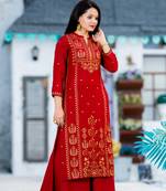 Addiction Red Gold Glitter Printed Rayon Kurti Paired With Printed Flared Palazzo