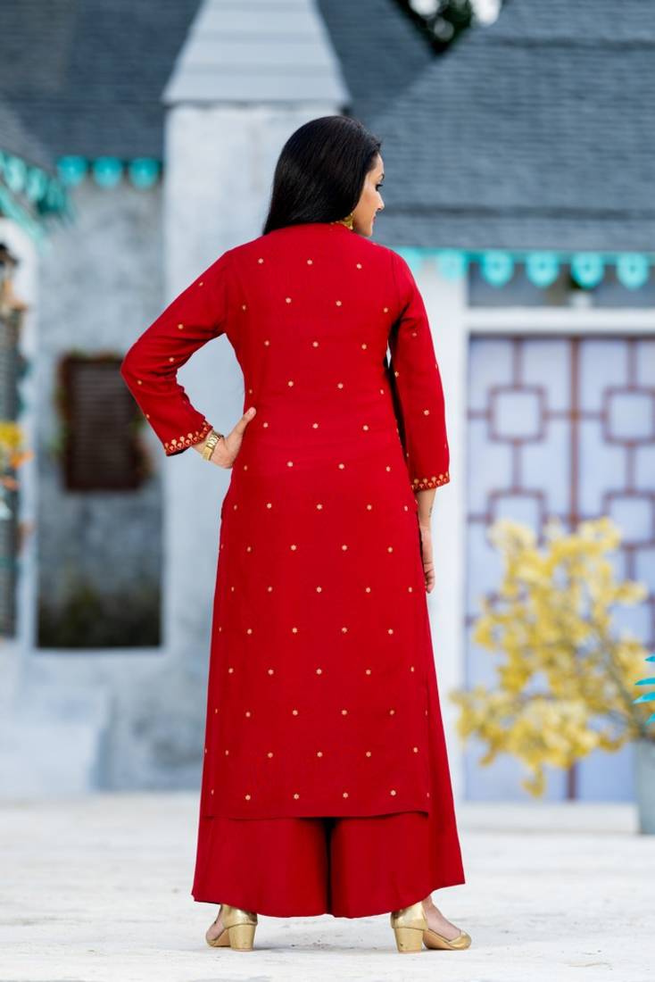 Addiction Red Gold Glitter Printed Rayon Kurti Paired With Printed Flared Palazzo