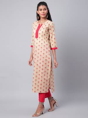 Beige solid cotton kurtas-and-kurtis 3