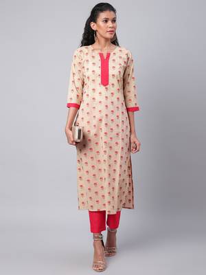 Beige solid cotton kurtas-and-kurtis 5